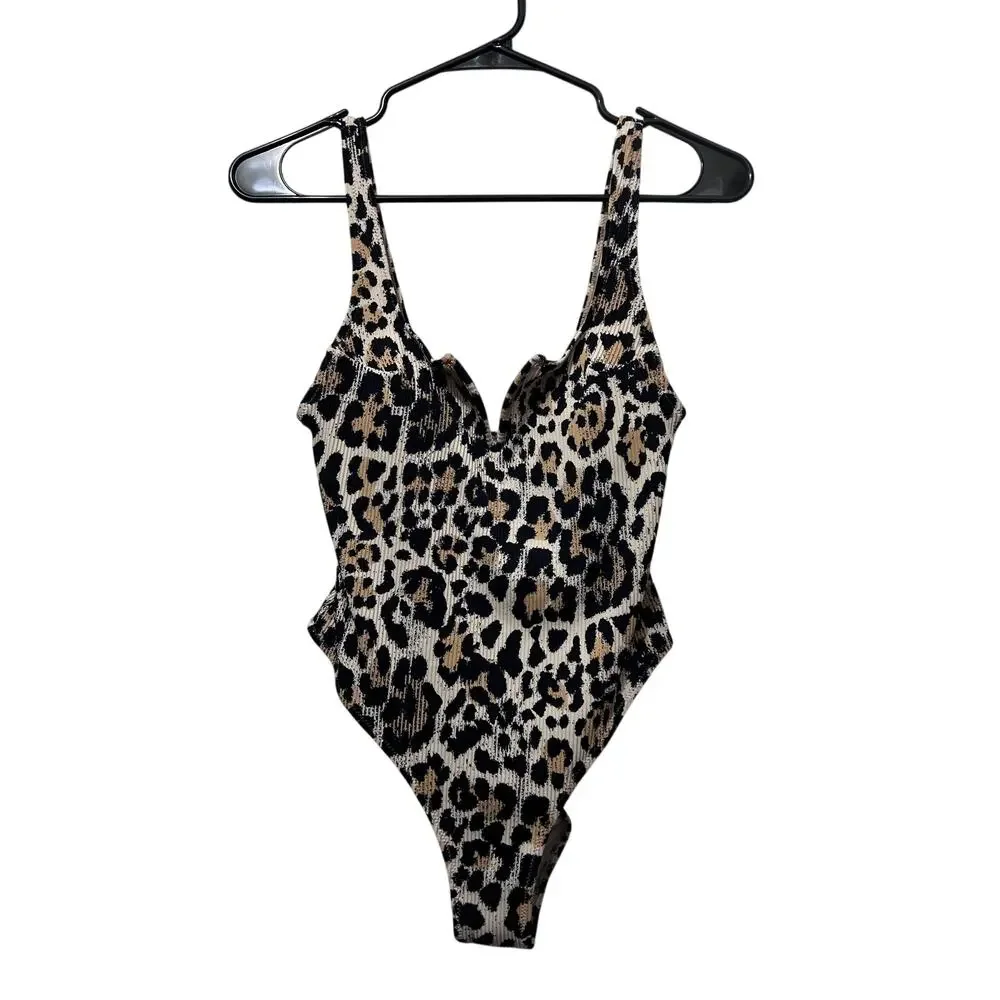 H&M Leopard Print Ribbed One-Piece Swimsuit Women's Small Textured Animal Print